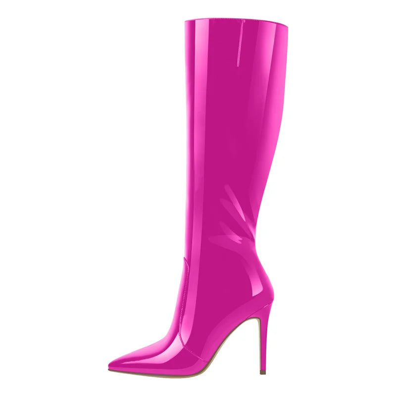 Onlymaker Pointed Toe Knee High Boots Stiletto High Heels Soft PU Leather Flock Concise Side Zipper Big Size Fashion Boots