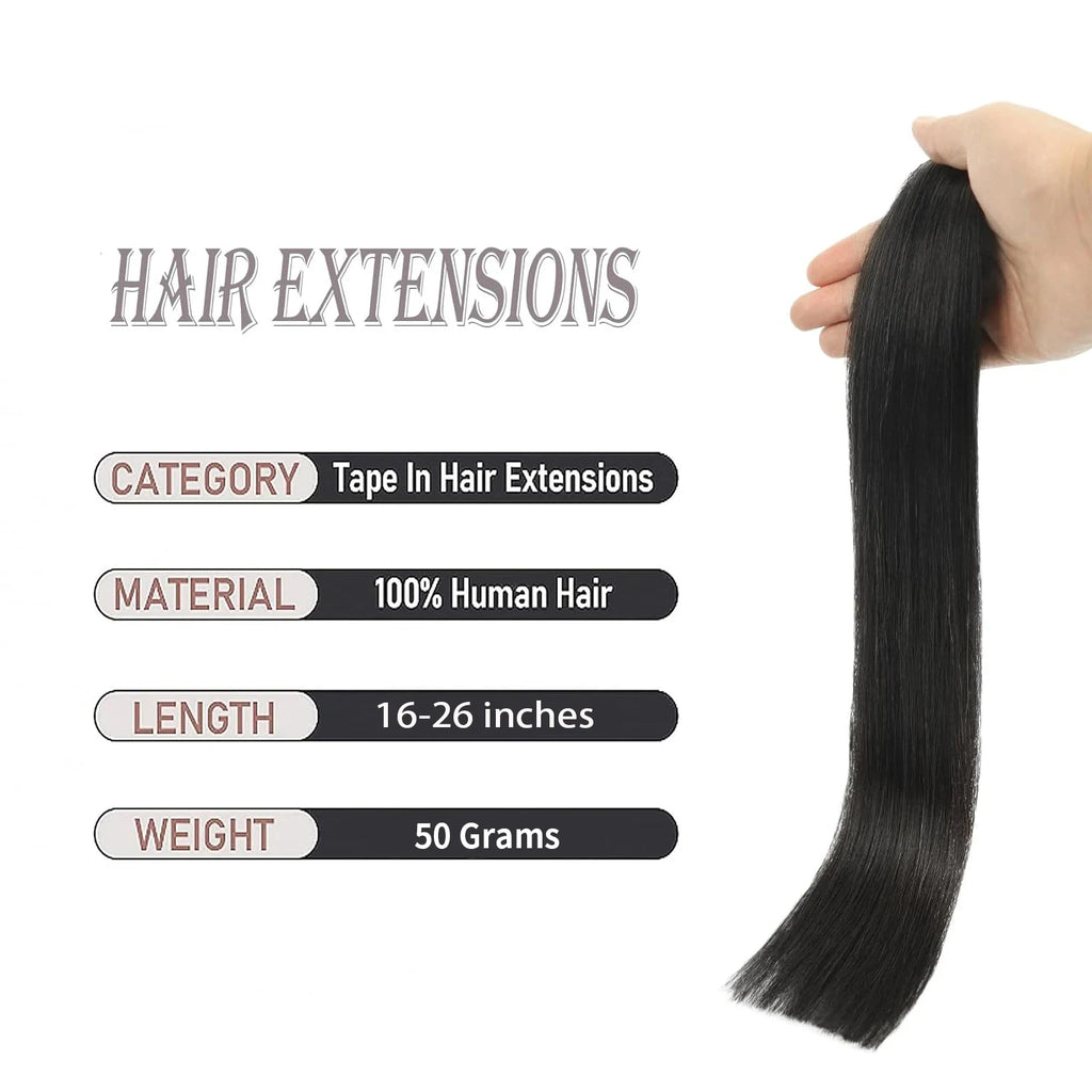 Tape in Hair Extensions Black Straight Color 1B Natural Black Seamless Tape in Extensions Human Hair Straight Remy Extensions