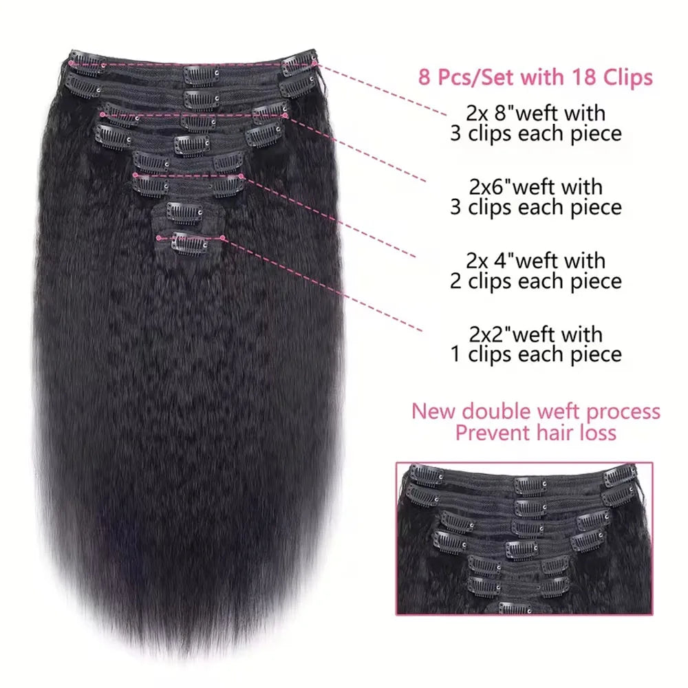 Kinky Straight Clips In Human Hair Extensions Natural Color In Brazilian 100% Remy Human Hair 120G 8Pcs/Set Full Head For Women