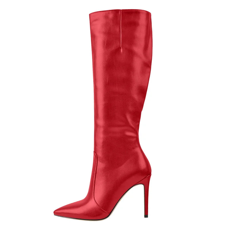 Onlymaker Pointed Toe Knee High Boots Stiletto High Heels Soft PU Leather Flock Concise Side Zipper Big Size Fashion Boots