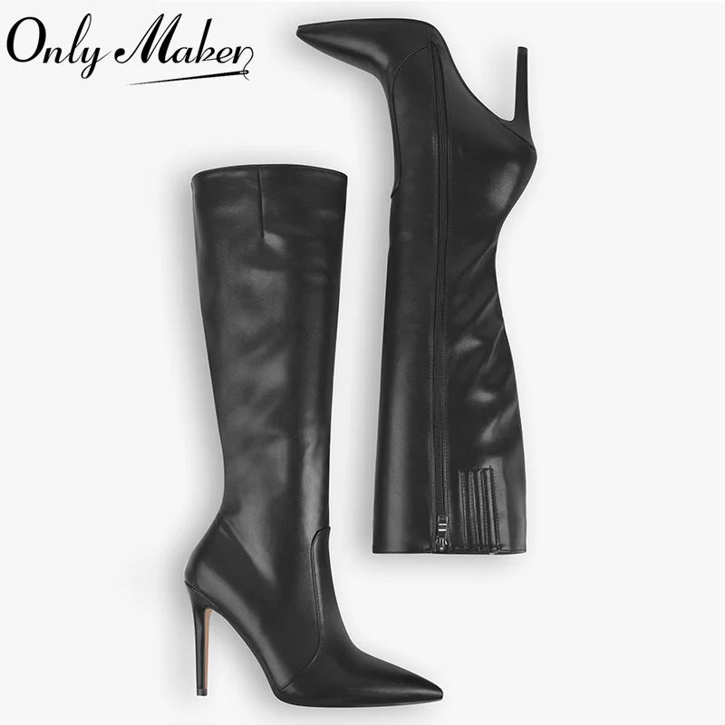 Onlymaker Pointed Toe Knee High Boots Stiletto High Heels Soft PU Leather Flock Concise Side Zipper Big Size Fashion Boots