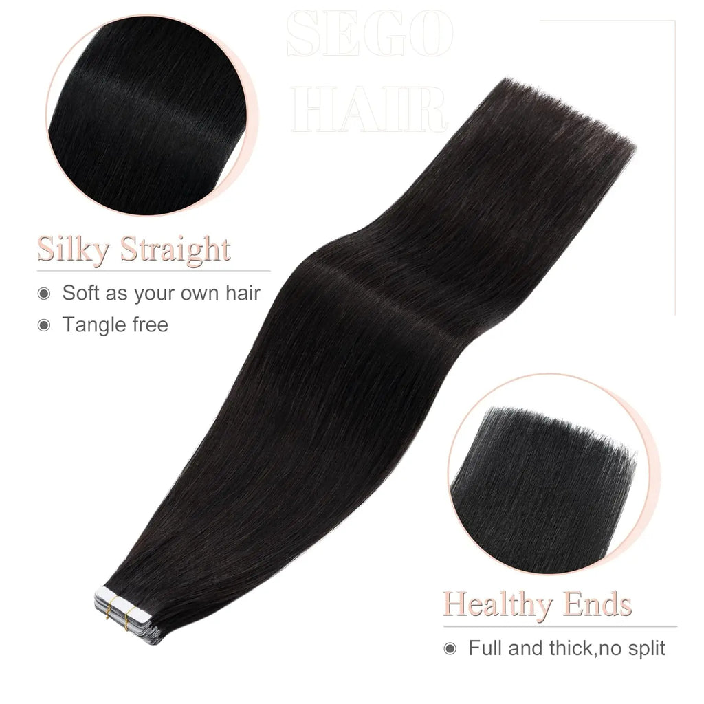 Tape in Hair Extensions Black Straight Color 1B Natural Black Seamless Tape in Extensions Human Hair Straight Remy Extensions
