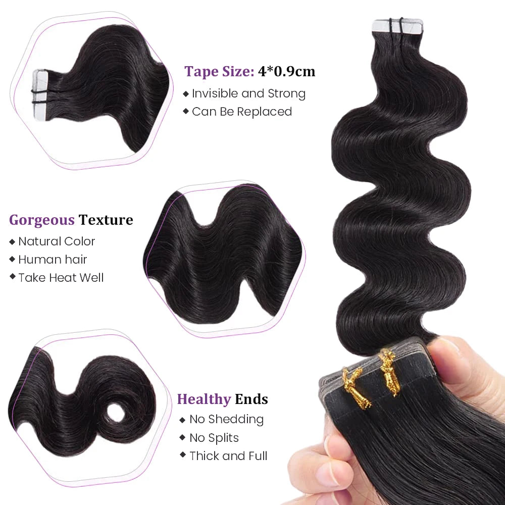 Body Wave Tape In Human Hair Extensions 20Pcs/Pack Seamless Skin Weft Tape Ins 100% Human Hair Wavy Tape In Hair Extensions