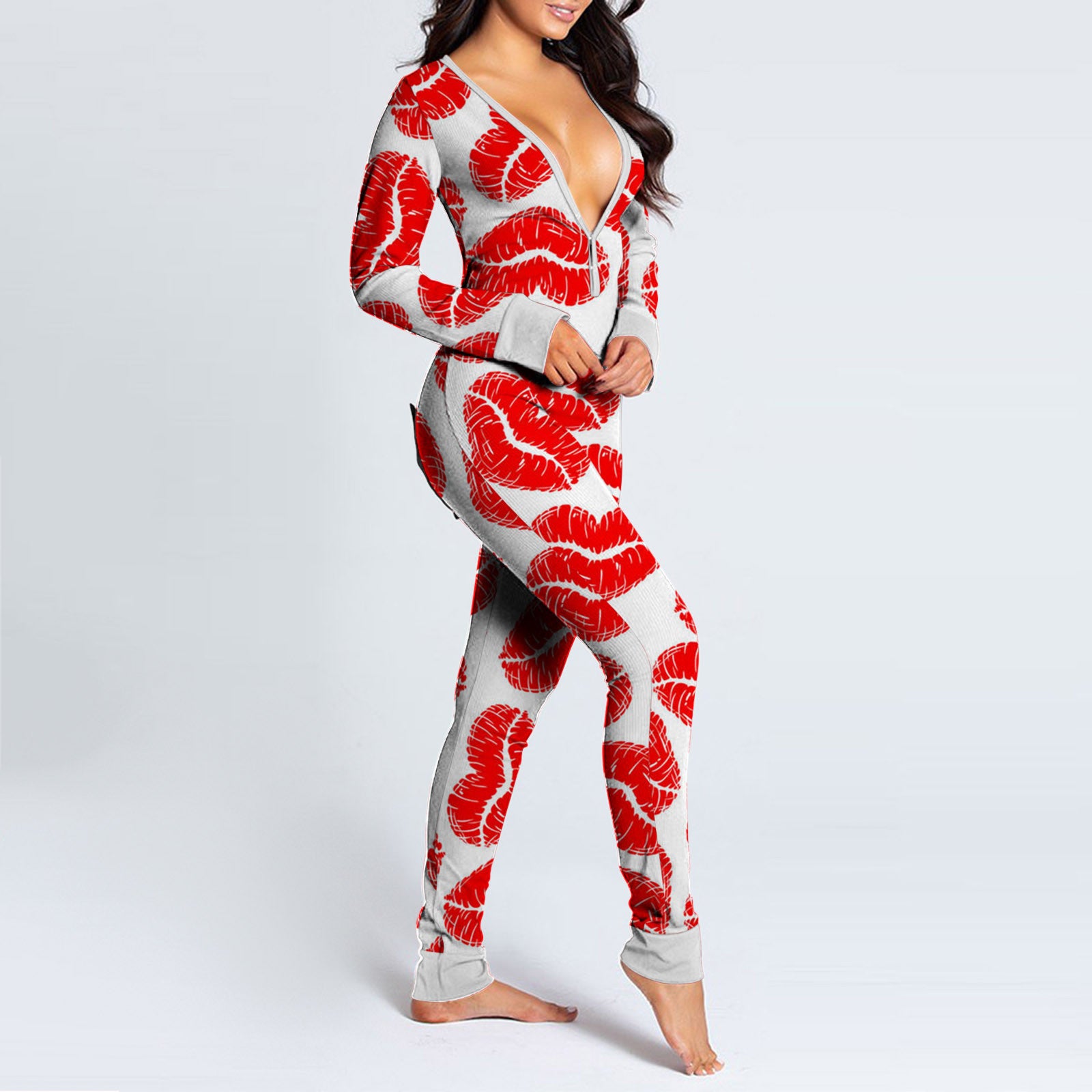 Sexy Women Pajamas Onesies Button-down Buttoned Flap Adults Pyjama Autumn Long Sleeve V-neck Jumpsuit Female Bodysuit Sleepwear