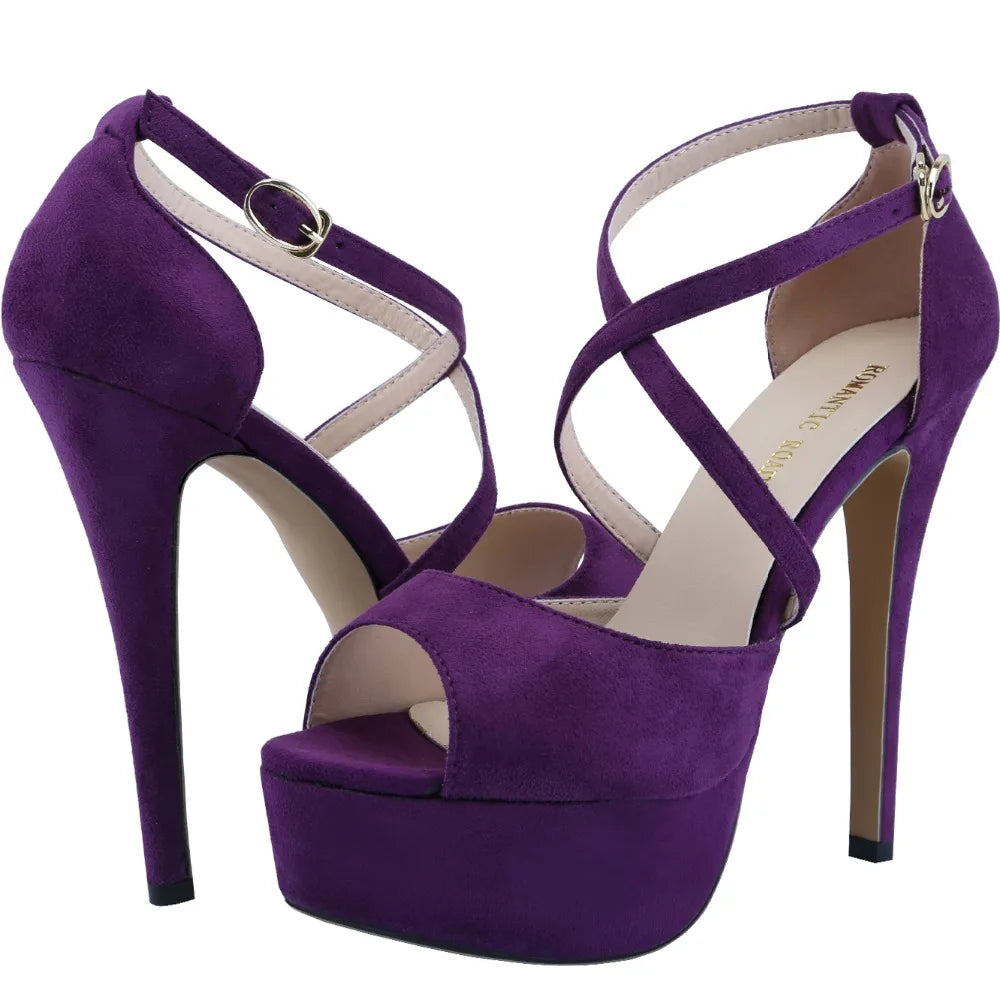 2026 Women Sandals 14CM Platform High Heels Sexy Ankle Strap Sandal Open Toe Stilettos Party Dress Wedding Shoes Plus Size 44