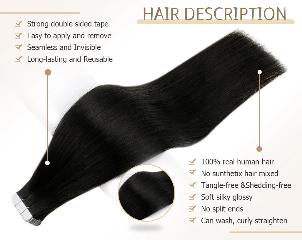 Full Shine Tape in Human Hair Extensions 20pcs Adhesive Skin Weft Pure Solid Color Glue on Woman Hair Machine Made Remy