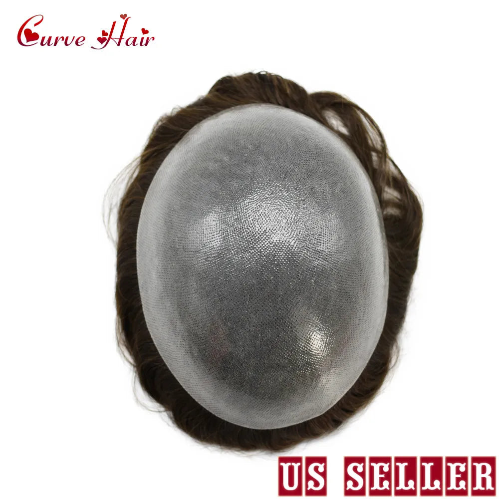 Invisible Full Poly Mens Toupee Thin Skin Hair System For Men 100% Human Hair Replacement All Clear PU Mens Wig