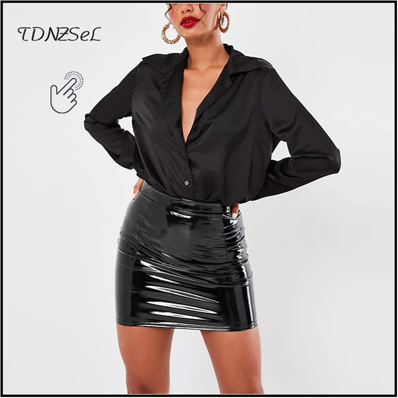 Black Latex Leather Mini Skirt Lady Office PVC Skinny Pencil Skirts Sexy High Waist Skirts Short Women Bodycon Clubwear Custom