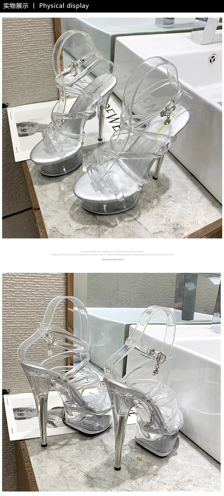 Stripper Heels Women Sandal Female Model T Station Catwalk Sexy Crystal Transparent Shoes High Heels Waterproof Head Sandals