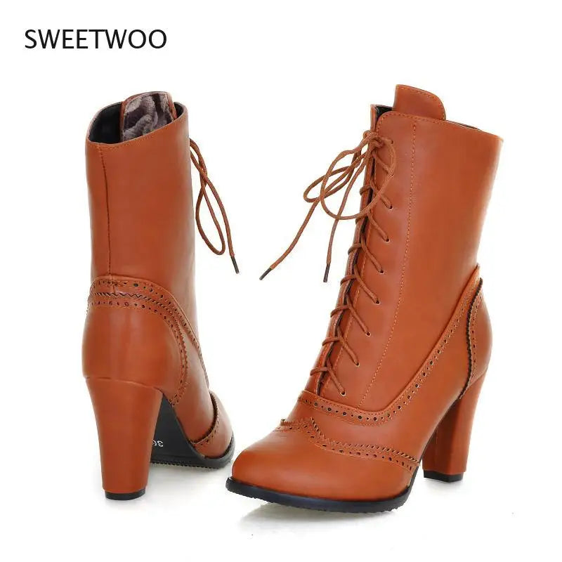 Women Boots Sexy Lace-up Boots Ladies Classic Pointed Leather Lace-Up High-Heeled Boots Middle Tube Boots Square Heel Shoes