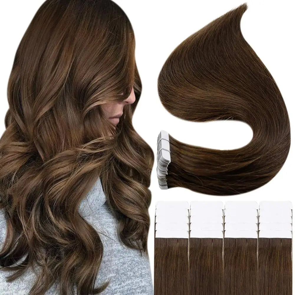 Full Shine Tape in Human Hair Extensions 20pcs Adhesive Skin Weft Pure Solid Color Glue on Woman Hair Machine Made Remy