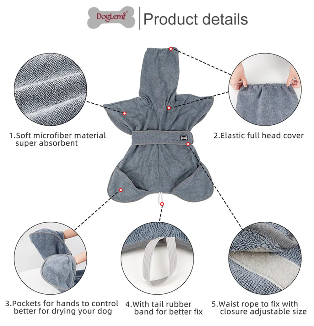Dog Bathrobe Towel Pet Drying Coat Clothes Adjustable Pet Towel For Large Medium Small Dogs Cat Microfiber Absorbent Beach Towel