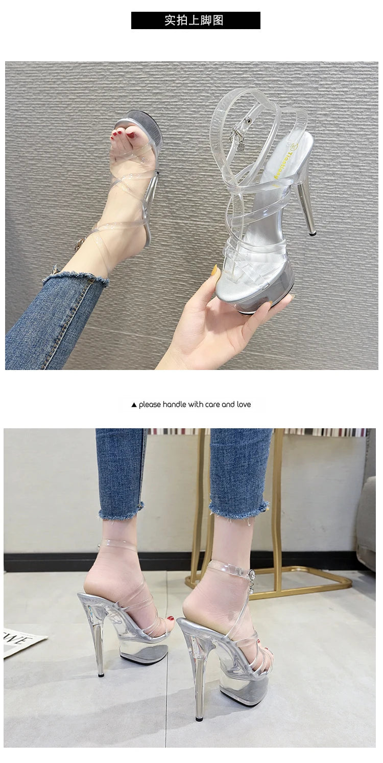 Stripper Heels Women Sandal Female Model T Station Catwalk Sexy Crystal Transparent Shoes High Heels Waterproof Head Sandals