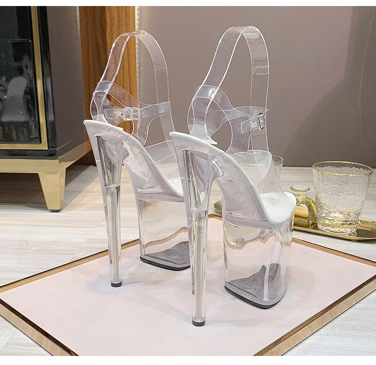 Stripper Heels Women Sandal Female Model T Station Catwalk Sexy Crystal Transparent Shoes High Heels Waterproof Head Sandals
