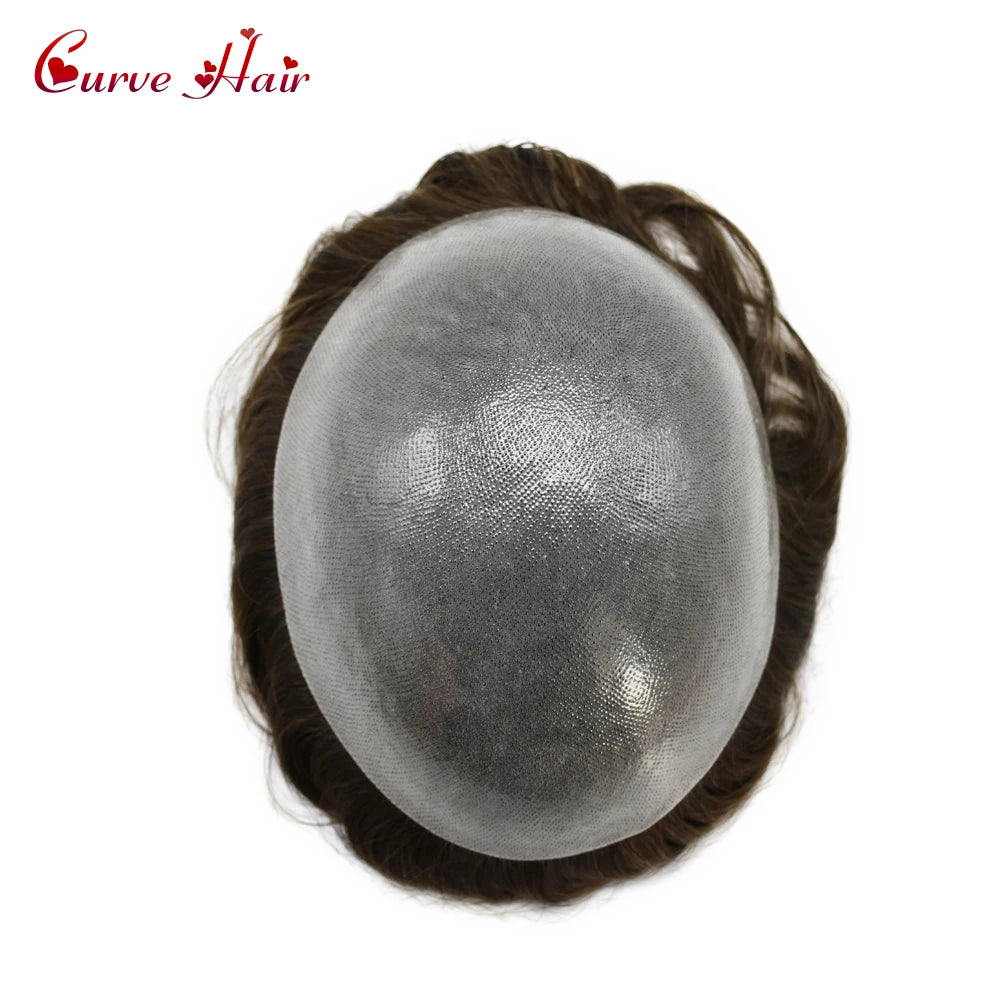Invisible Full Poly Mens Toupee Thin Skin Hair System For Men 100% Human Hair Replacement All Clear PU Mens Wig