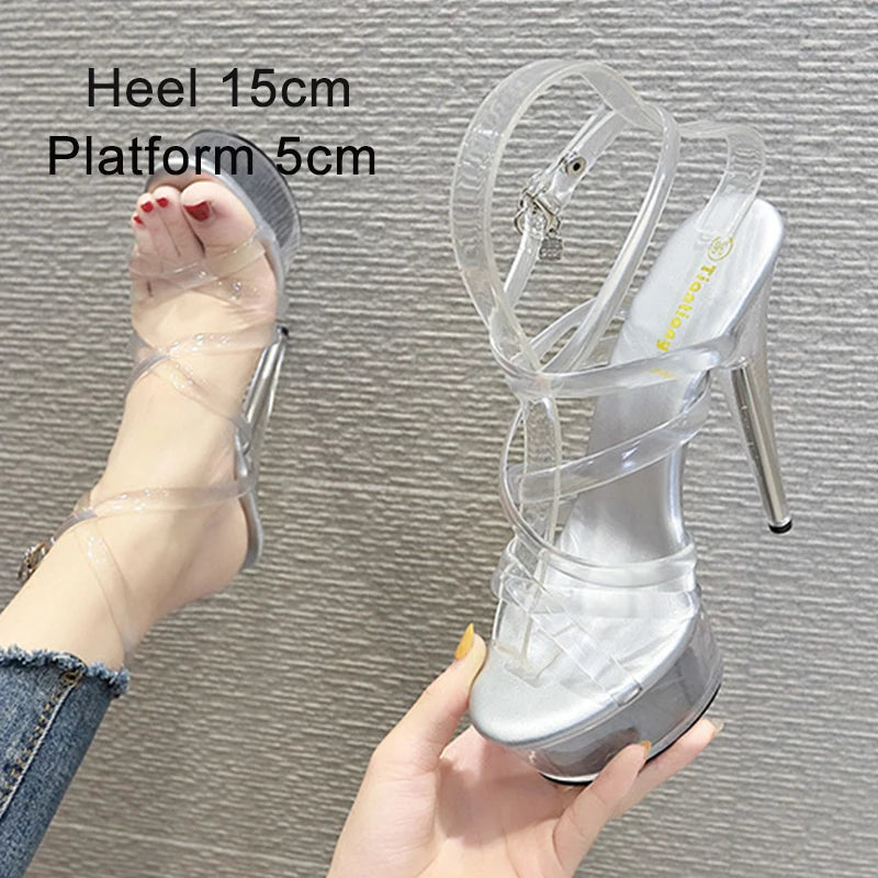Stripper Heels Women Sandal Female Model T Station Catwalk Sexy Crystal Transparent Shoes High Heels Waterproof Head Sandals