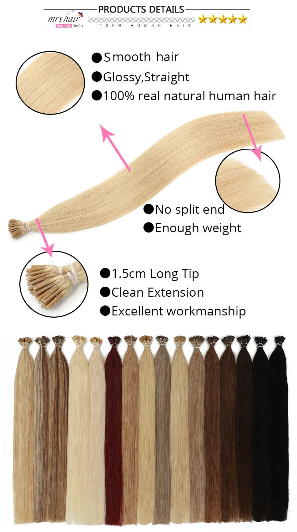 MRS HAIR I Tip Hair Extensions Real Human Hair Pre Bonded Micro Beads Hair Capsules Microlink Capsules Hair