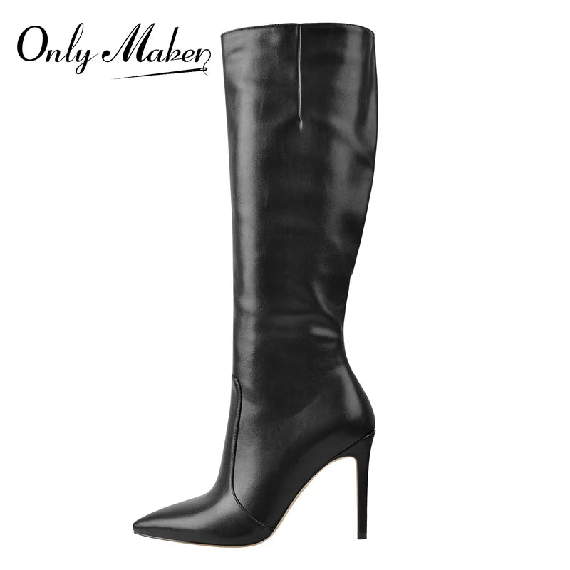 Onlymaker Pointed Toe Knee High Boots Stiletto High Heels Soft PU Leather Flock Concise Side Zipper Big Size Fashion Boots