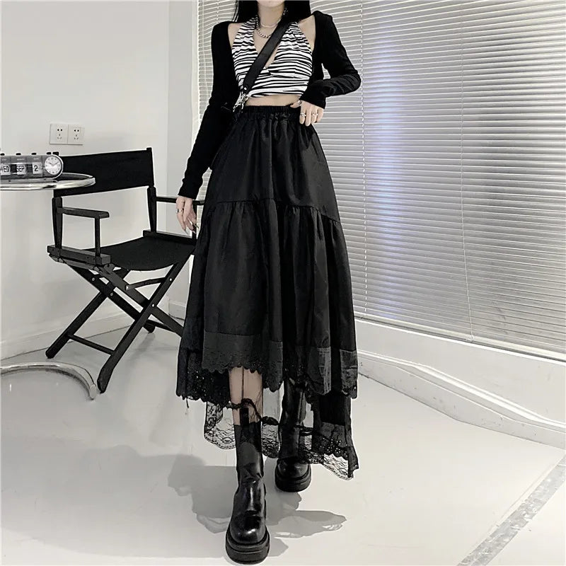 Y2k Gothic Tulle Pleated Skirt Black Lace Stitching Irregular Midi Skirt Women Vintage High Waist Long Skirt Korea Solid Hip Hop