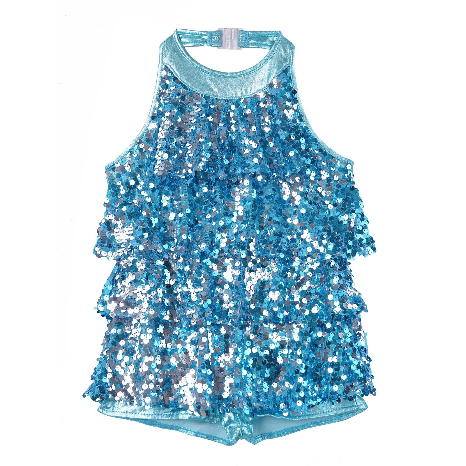 Shiny Sequins Kids Girls Halter Ballet Dance Stage Performance Dress Shorty Unitard Dress Modern Jazz Latin Dancing Costumes