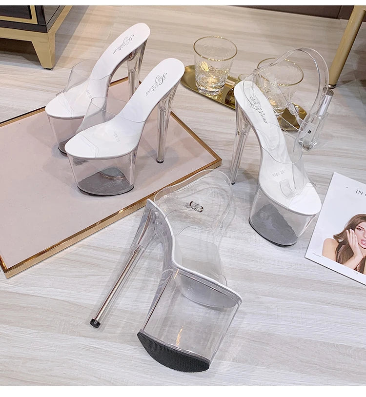 Stripper Heels Women Sandal Female Model T Station Catwalk Sexy Crystal Transparent Shoes High Heels Waterproof Head Sandals