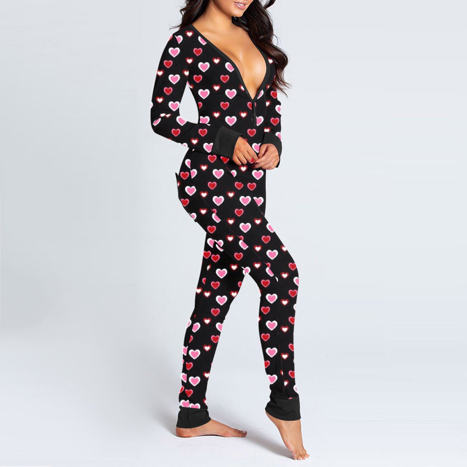 Sexy Women Pajamas Onesies Button-down Buttoned Flap Adults Pyjama Autumn Long Sleeve V-neck Jumpsuit Female Bodysuit Sleepwear