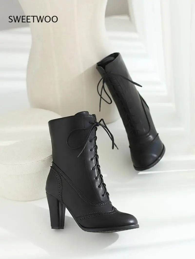 Women Boots Sexy Lace-up Boots Ladies Classic Pointed Leather Lace-Up High-Heeled Boots Middle Tube Boots Square Heel Shoes