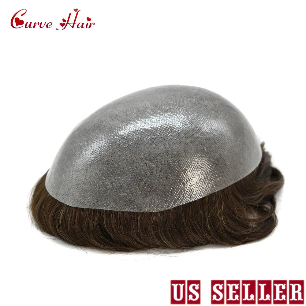 Invisible Full Poly Mens Toupee Thin Skin Hair System For Men 100% Human Hair Replacement All Clear PU Mens Wig