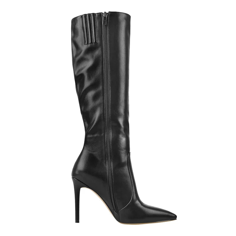 Onlymaker Pointed Toe Knee High Boots Stiletto High Heels Soft PU Leather Flock Concise Side Zipper Big Size Fashion Boots