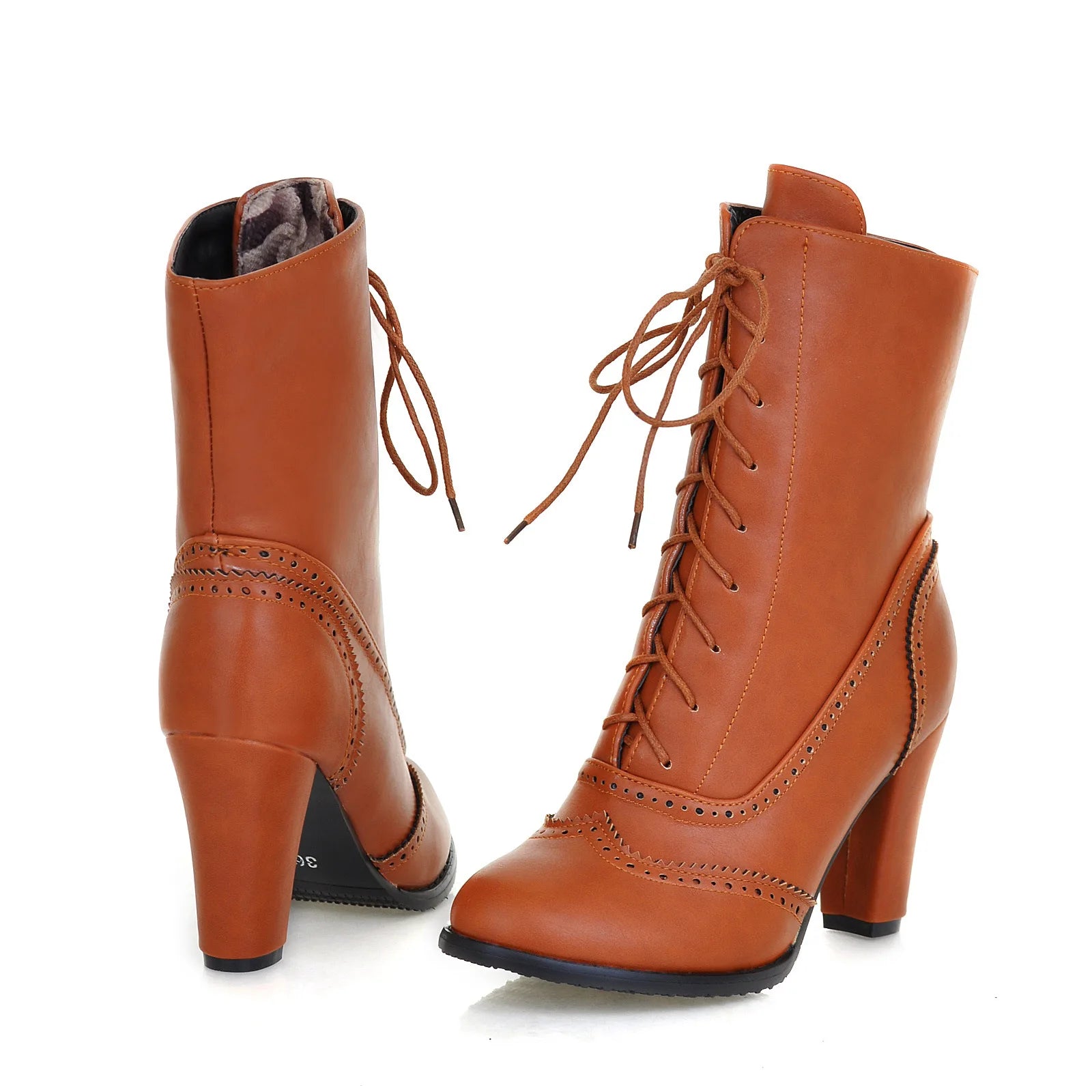 Women Boots Sexy Lace-up Boots Ladies Classic Pointed Leather Lace-Up High-Heeled Boots Middle Tube Boots Square Heel Shoes