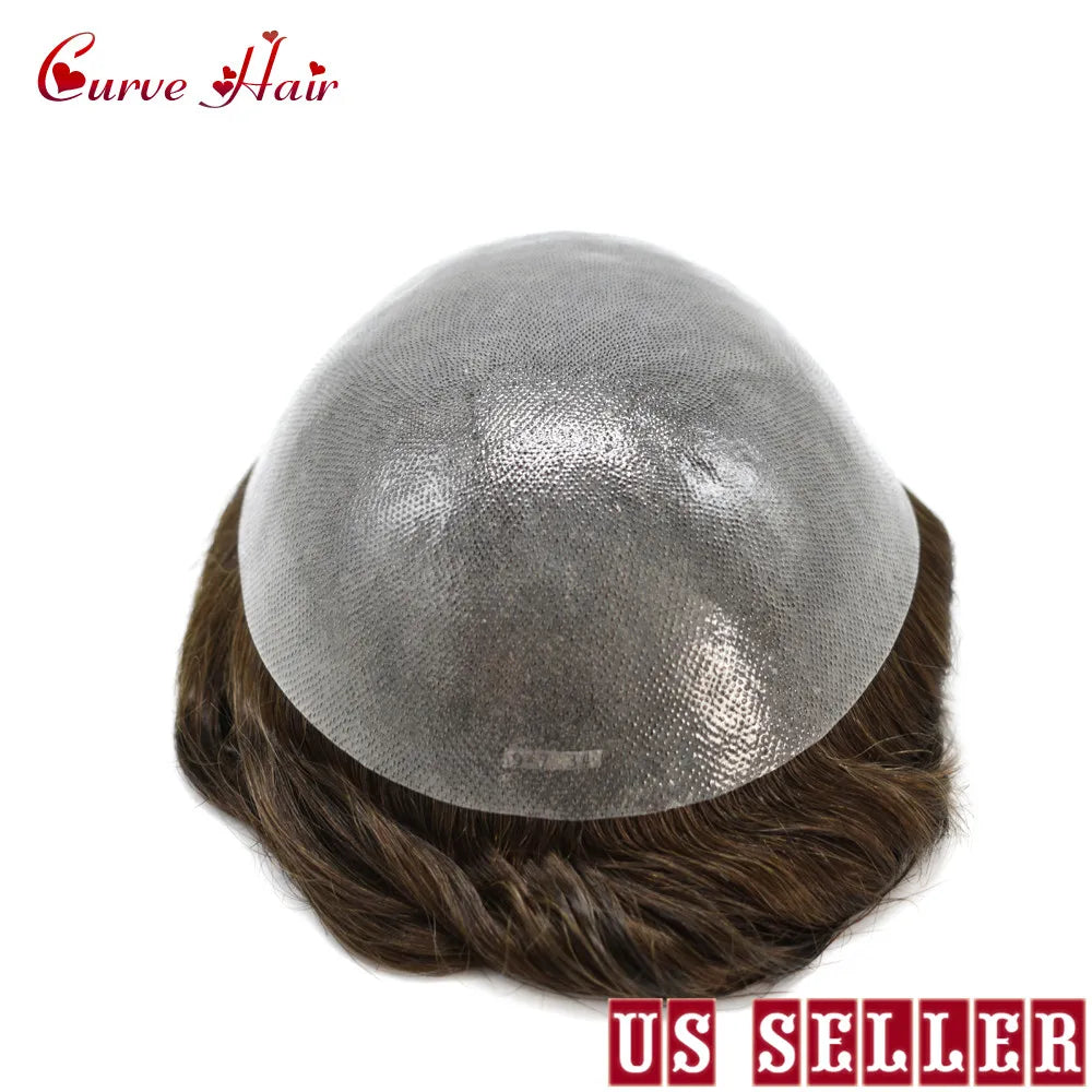 Invisible Full Poly Mens Toupee Thin Skin Hair System For Men 100% Human Hair Replacement All Clear PU Mens Wig