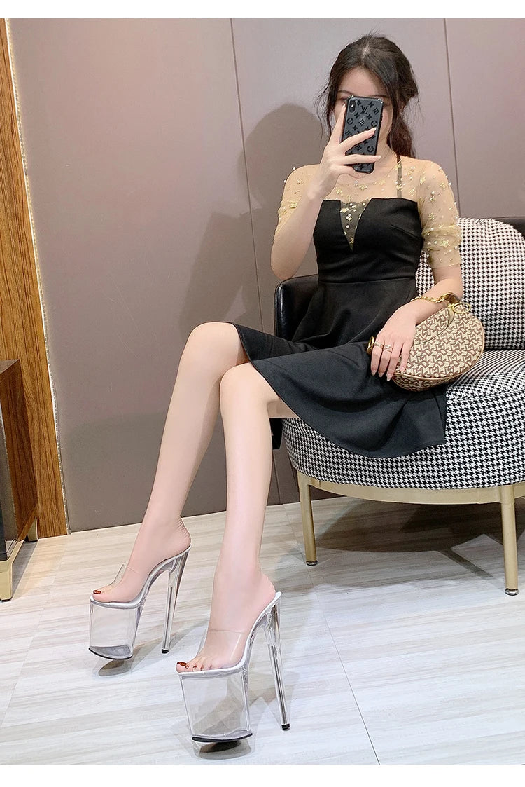Stripper Heels Women Sandal Female Model T Station Catwalk Sexy Crystal Transparent Shoes High Heels Waterproof Head Sandals