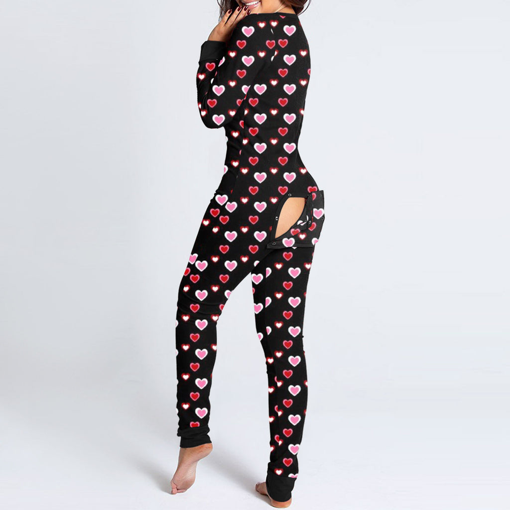 Sexy Women Pajamas Onesies Button-down Buttoned Flap Adults Pyjama Autumn Long Sleeve V-neck Jumpsuit Female Bodysuit Sleepwear