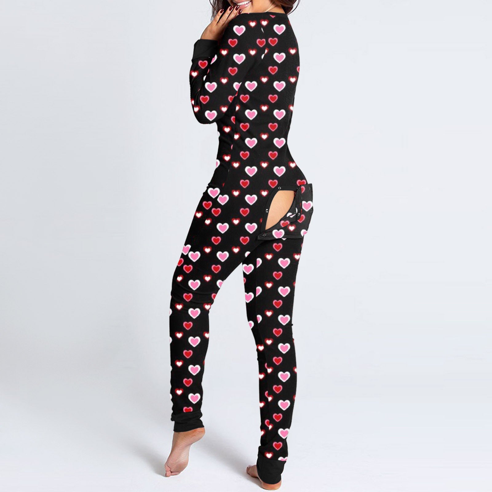 Sexy Women Pajamas Onesies Button-down Buttoned Flap Adults Pyjama Autumn Long Sleeve V-neck Jumpsuit Female Bodysuit Sleepwear