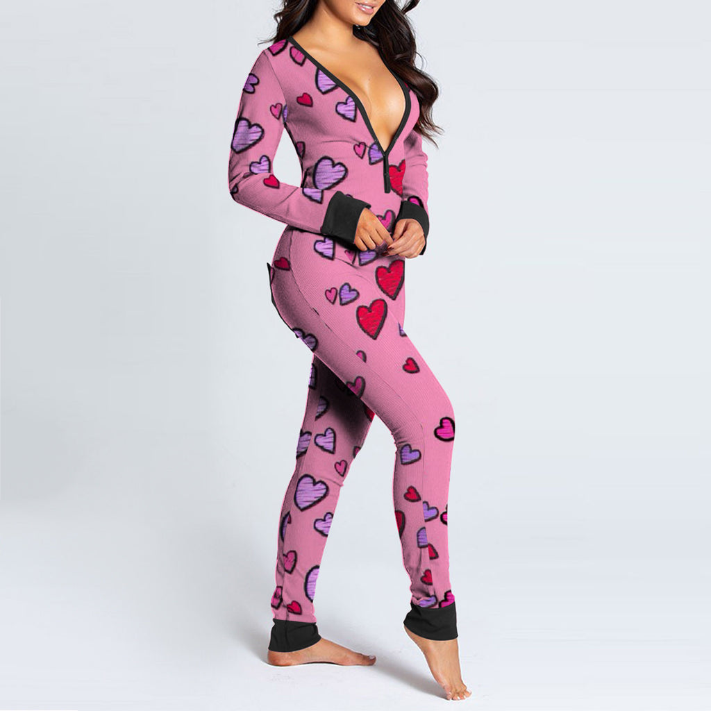 Sexy Women Pajamas Onesies Button-down Buttoned Flap Adults Pyjama Autumn Long Sleeve V-neck Jumpsuit Female Bodysuit Sleepwear