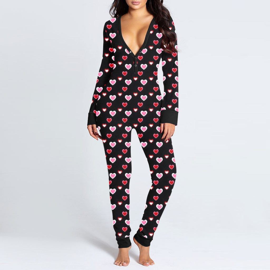 Sexy Women Pajamas Onesies Button-down Buttoned Flap Adults Pyjama Autumn Long Sleeve V-neck Jumpsuit Female Bodysuit Sleepwear