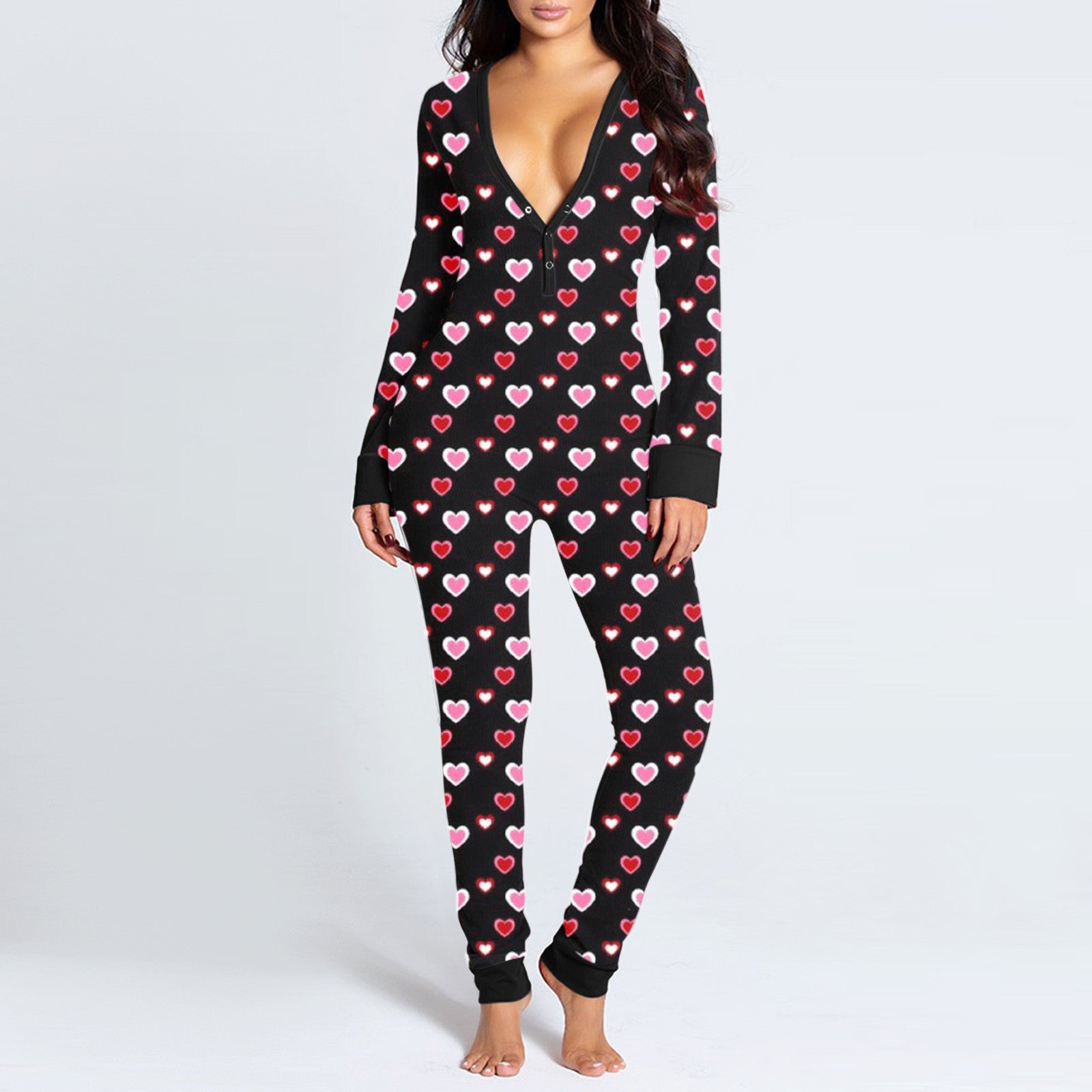 Sexy Women Pajamas Onesies Button-down Buttoned Flap Adults Pyjama Autumn Long Sleeve V-neck Jumpsuit Female Bodysuit Sleepwear