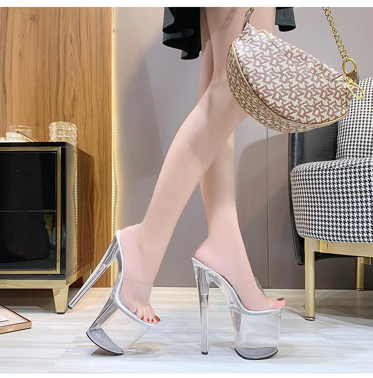 Stripper Heels Women Sandal Female Model T Station Catwalk Sexy Crystal Transparent Shoes High Heels Waterproof Head Sandals