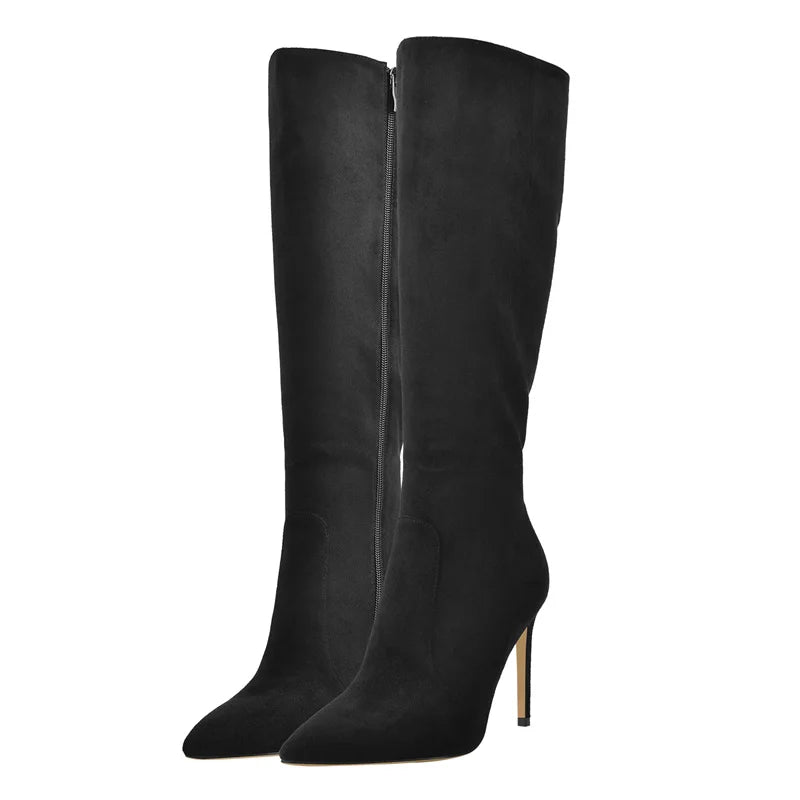 Onlymaker Pointed Toe Knee High Boots Stiletto High Heels Soft PU Leather Flock Concise Side Zipper Big Size Fashion Boots