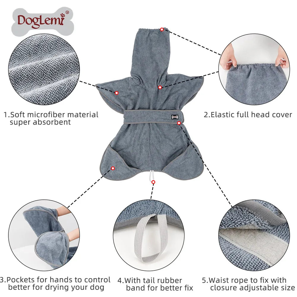 Dog Bathrobe Towel Pet Drying Coat Clothes Adjustable Pet Towel For Large Medium Small Dogs Cat Microfiber Absorbent Beach Towel