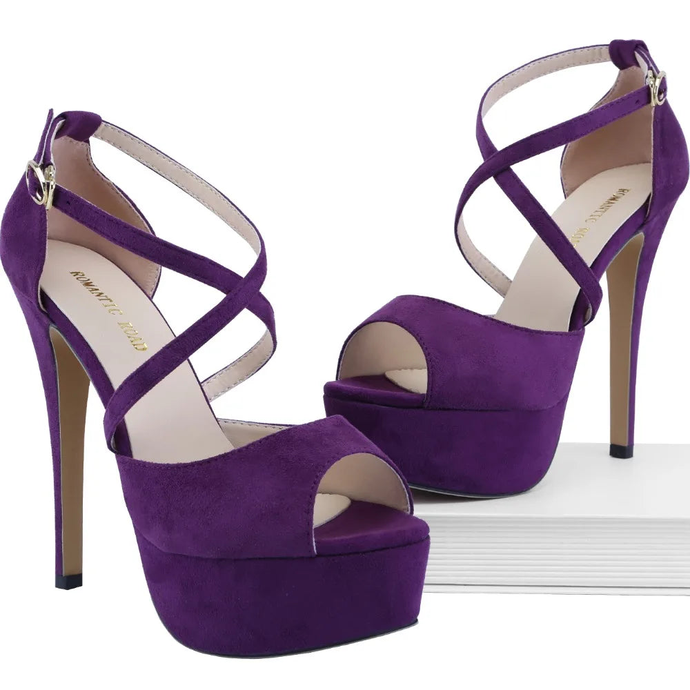 2026 Women Sandals 14CM Platform High Heels Sexy Ankle Strap Sandal Open Toe Stilettos Party Dress Wedding Shoes Plus Size 44