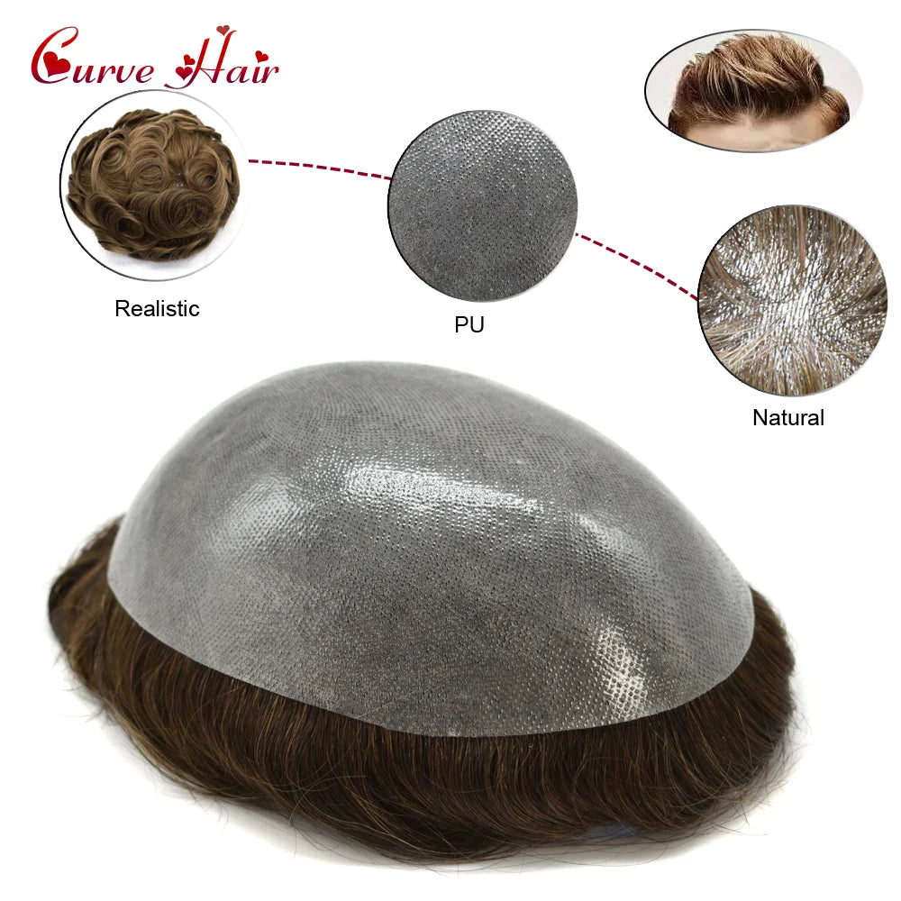 Invisible Full Poly Mens Toupee Thin Skin Hair System For Men 100% Human Hair Replacement All Clear PU Mens Wig