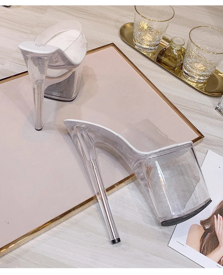 Stripper Heels Women Sandal Female Model T Station Catwalk Sexy Crystal Transparent Shoes High Heels Waterproof Head Sandals