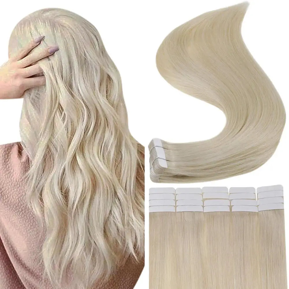 Full Shine Tape in Human Hair Extensions 20pcs Adhesive Skin Weft Pure Solid Color Glue on Woman Hair Machine Made Remy