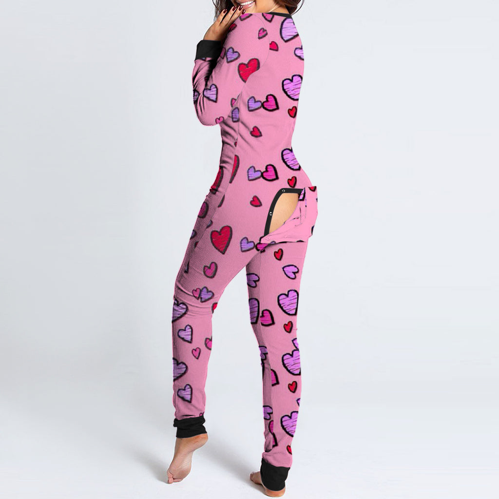 Sexy Women Pajamas Onesies Button-down Buttoned Flap Adults Pyjama Autumn Long Sleeve V-neck Jumpsuit Female Bodysuit Sleepwear