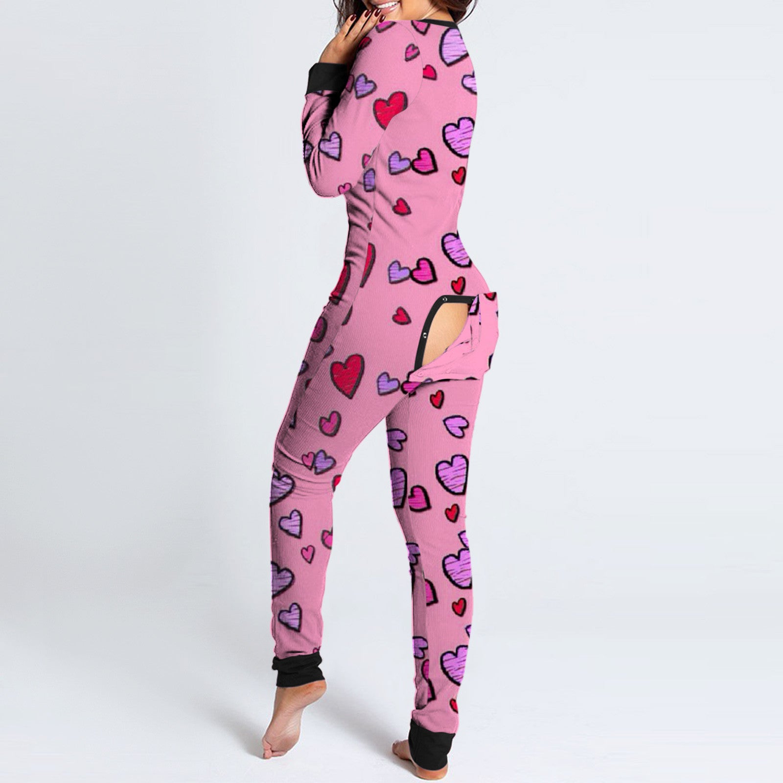 Sexy Women Pajamas Onesies Button-down Buttoned Flap Adults Pyjama Autumn Long Sleeve V-neck Jumpsuit Female Bodysuit Sleepwear