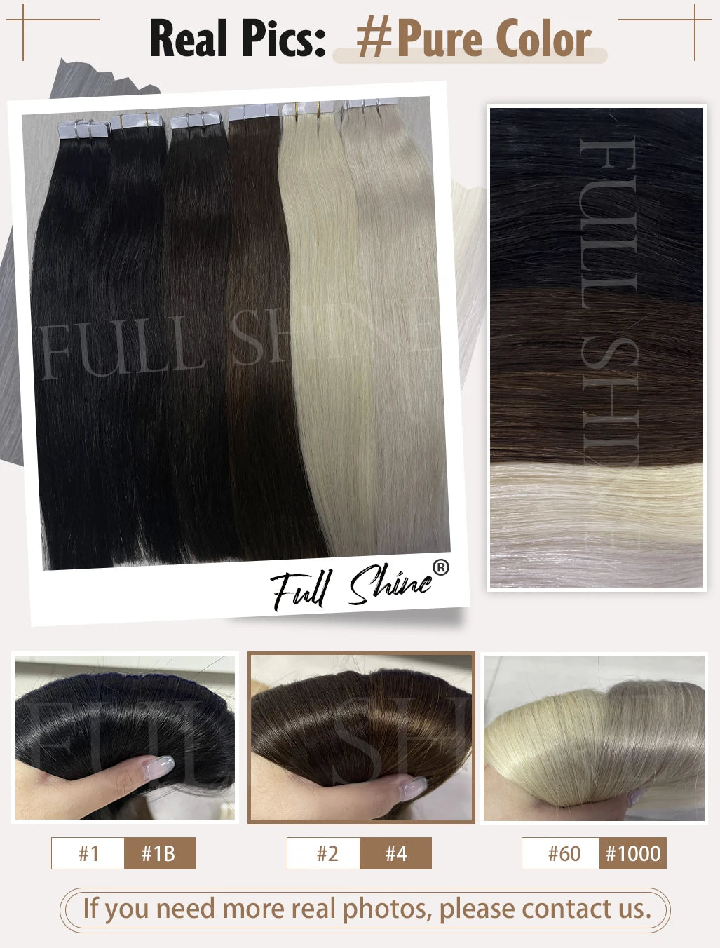 Full Shine Tape in Human Hair Extensions 20pcs Adhesive Skin Weft Pure Solid Color Glue on Woman Hair Machine Made Remy