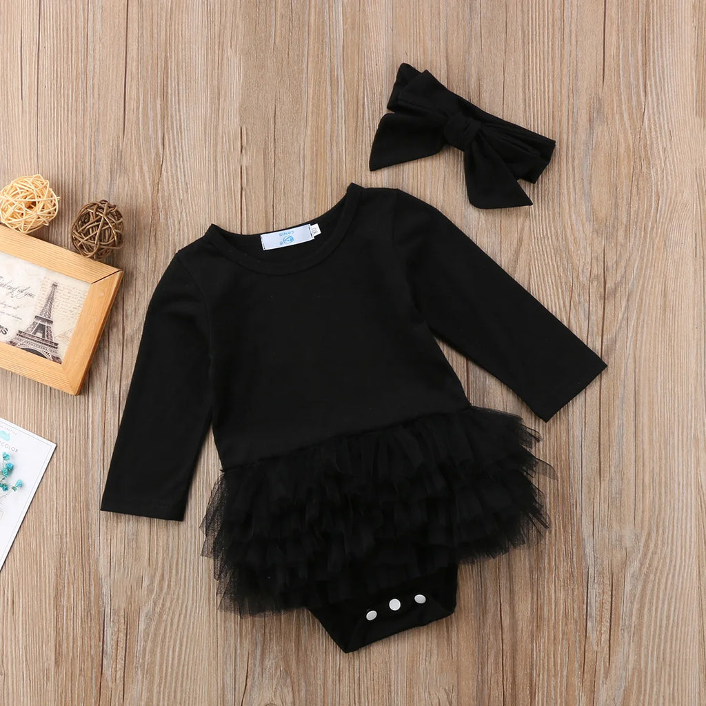 Citgeett Spring Newborn Baby Girls Long Sleeves Black Jumpsuit Bodysuit Mesh Ruffle Playsuit Outfit Cute Clothes Hairband