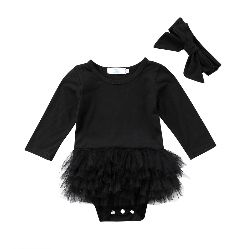 Citgeett Spring Newborn Baby Girls Long Sleeves Black Jumpsuit Bodysuit Mesh Ruffle Playsuit Outfit Cute Clothes Hairband