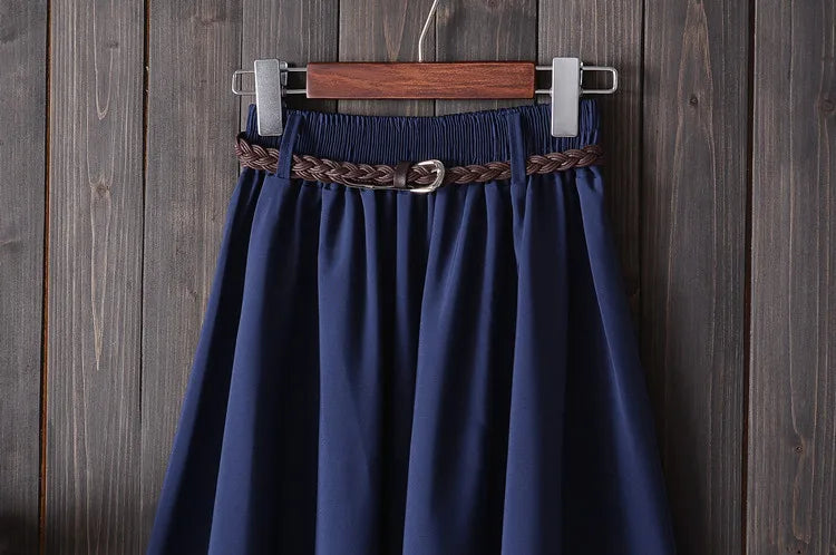 Midi Knee Length Summer Skirt Women With Belt 2025 Fashion Korean Ladies High Waist Pleated A-line School Skirt Female